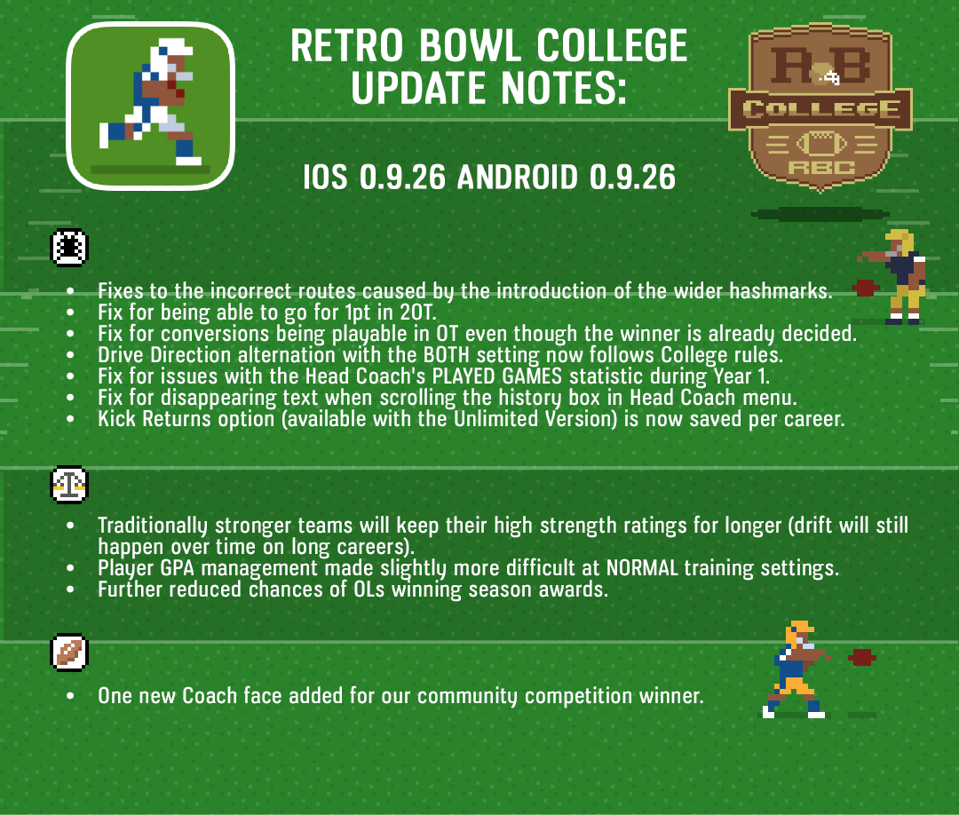 retro_bowl's tweet image. New update for Retro Bowl College is now available to download. This is an update we've been holding onto for a while until we fixed the issue with some older Android devices. Next up for RBC are the SIM and Exhibition modes.