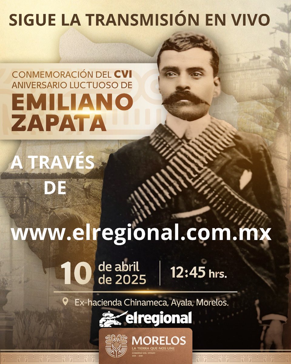eolopacheco's tweet photo. Sigue EN VIVO la transmisión del CVI aniversario luctuoso del general Emiliano Zapata desde la ex hacienda de Chinameca, con la presencia de la presidenta de México Claudia Sheinbaum Pardo y la gobernadora de Morelos Margarita González Saravia a través de El Regional.
https://t.co/71F80VWHhQ