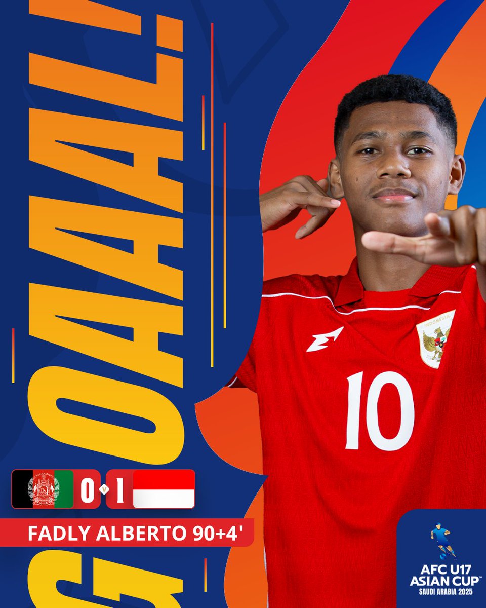 afcasiancup's tweet photo. ⚽ 𝗚𝗢𝗔𝗟 | 🇦🇫 Afghanistan 0️⃣-1️⃣ Indonesia 🇮🇩
In search for max points 🔥
Indonesia grab a goal at the very end! ✨
Watch 𝙇𝙄𝙑𝙀: https://t.co/OlrR8BXf8H
#AFCU17 | #AFGvIDN https://t.co/k5alcRIKEg