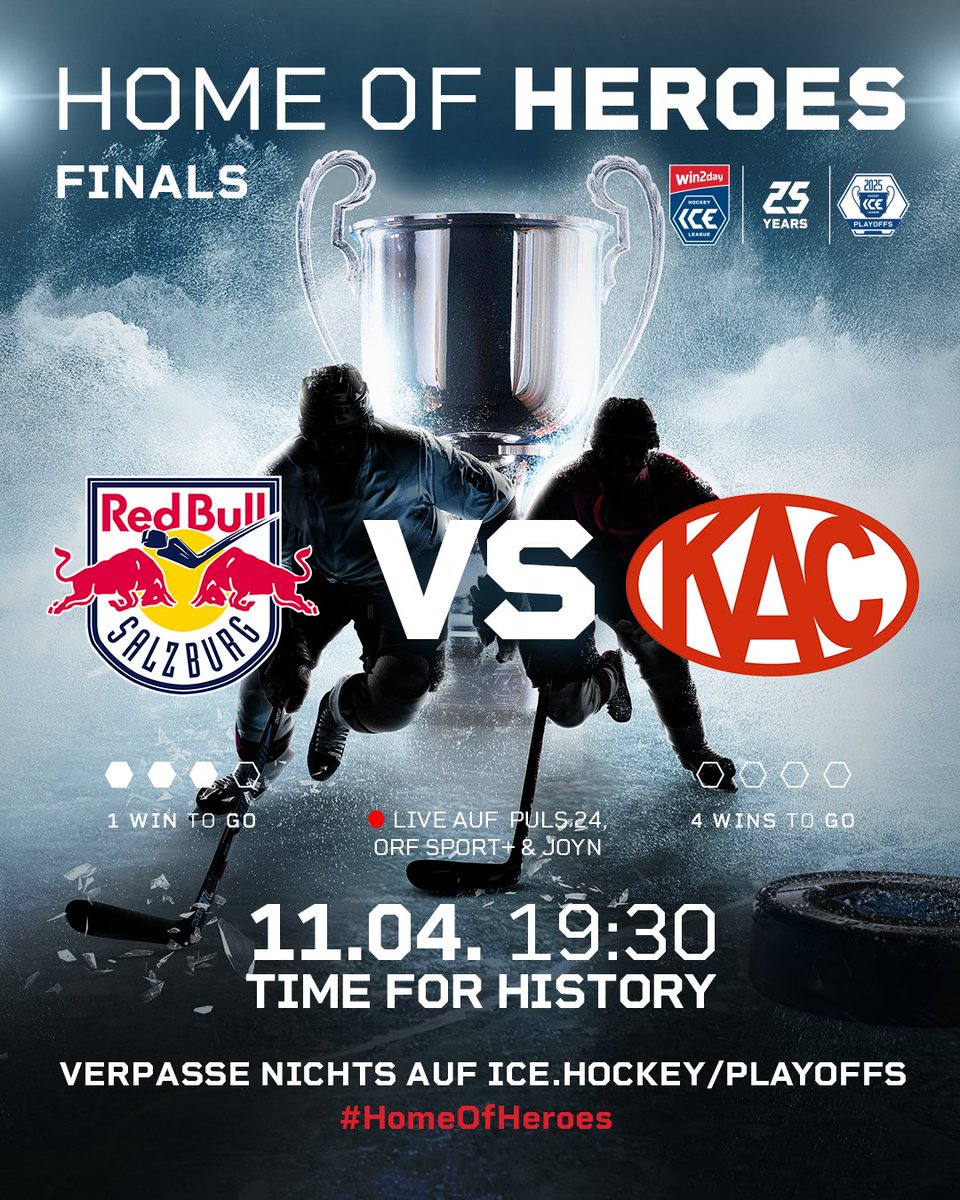 On Friday, EC Red Bull Salzburg will have their first chance to secure their fourth championship title in a row. After three games of the “best-of-7” final series against EC-KAC, the Red Bulls lead 3:0. 

📺 PULS 24 and ORF Sport+ will broadcast final four live.

#HomeOfHeroes
