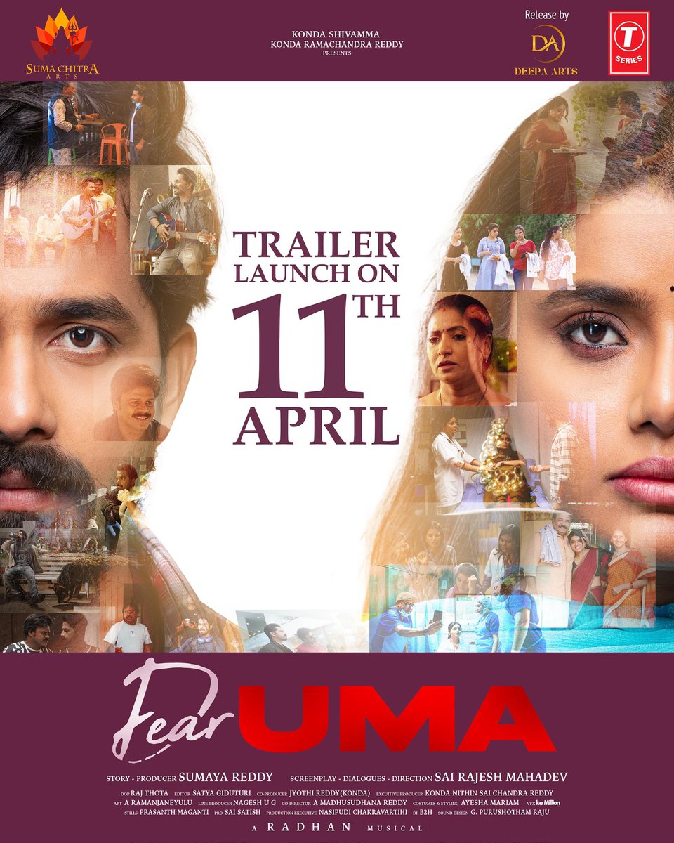 T-Series South (@tseriessouth) on Twitter photo Buckle up to embark on an emotional journey that will stir your soul and touch your heart like never before
The trailer of feel-good love entertainer #DearUma launching tomorrow
In theatres on April 18th
<a href="/sumaya_reddy/">Sumaya Reddy</a> <a href="/AmbarPruthvi/">Pruthvi Ambaar</a>
<a href="/sumachitra_arts/">Suma Chitra Arts</a> #SaiRajeshMahadev Buckle up to embark on an emotional journey that will stir your soul and touch your heart like never before
The trailer of feel-good love entertainer #DearUma launching tomorrow
In theatres on April 18th
<a href="/sumaya_reddy/">Sumaya Reddy</a> <a href="/AmbarPruthvi/">Pruthvi Ambaar</a>
<a href="/sumachitra_arts/">Suma Chitra Arts</a> #SaiRajeshMahadev