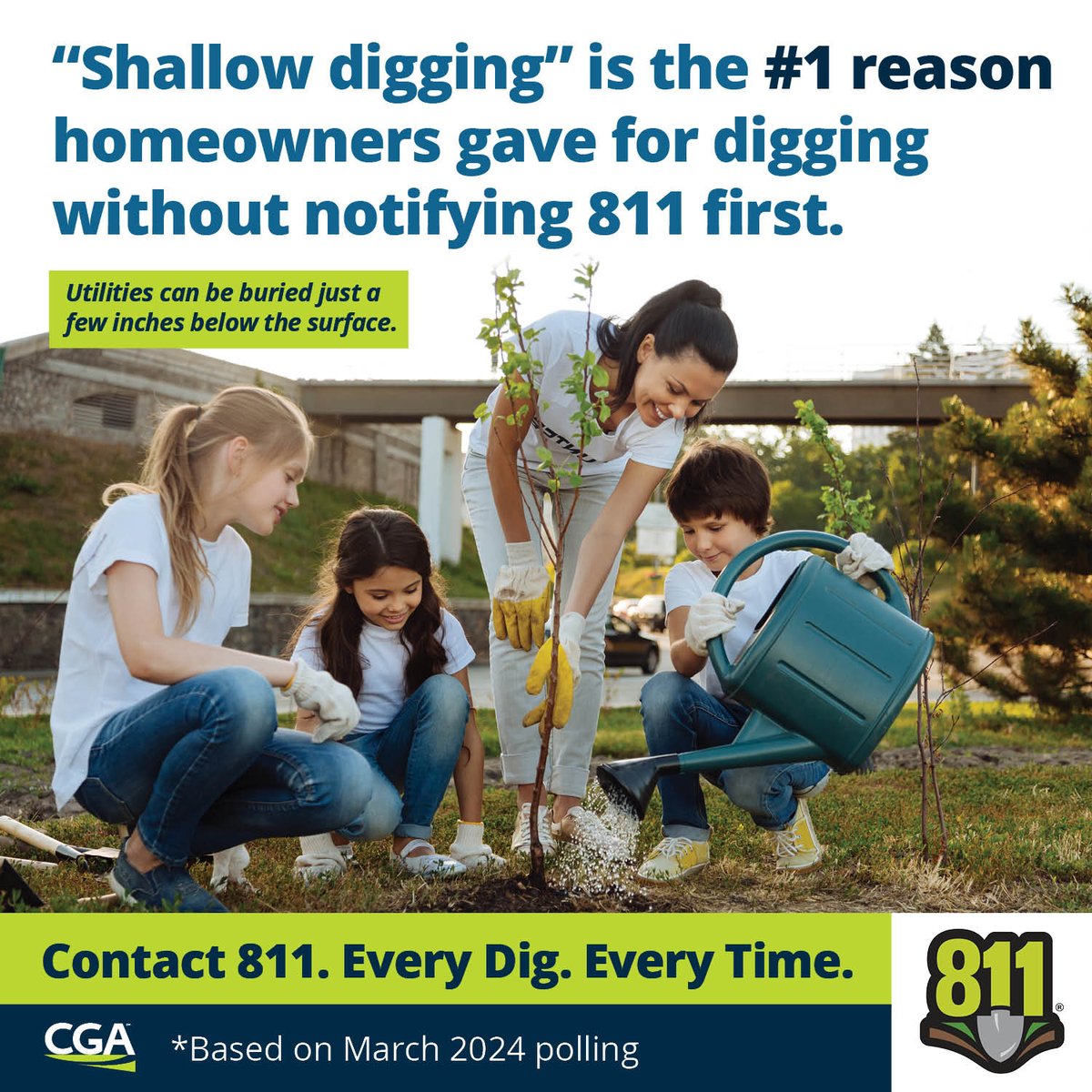 NARUC's tweet image. #SafeDiggingMonth is a reminder to contact 811 before you dig! Striking buried utilities can result in catastrophe, but there’s a simple and free solution: ALWAYS contact 811 before every dig to stay safe with all your outdoor projects! #811BeforeYouDig @CGAConnect