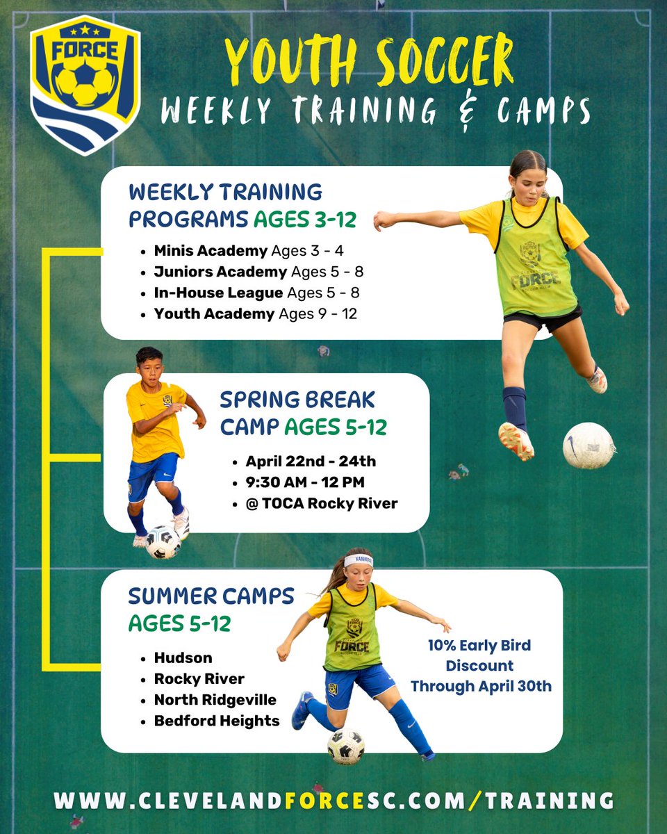 ClevForceSC's tweet photo. Cleveland Force has you covered for all of your soccer development needs!

⚽️ Weekly Training 
📍East  &amp; West Locations

⚽️ Spring Break Camp
🗓️4/22-24
📍 TOCA Rocky River

⚽️ Summer Camps
Register by 4/30 to get 10% discount!

https://t.co/eof05vejkJ

#chrip #clevelandforcesc https://t.co/IOMUKqCQqE