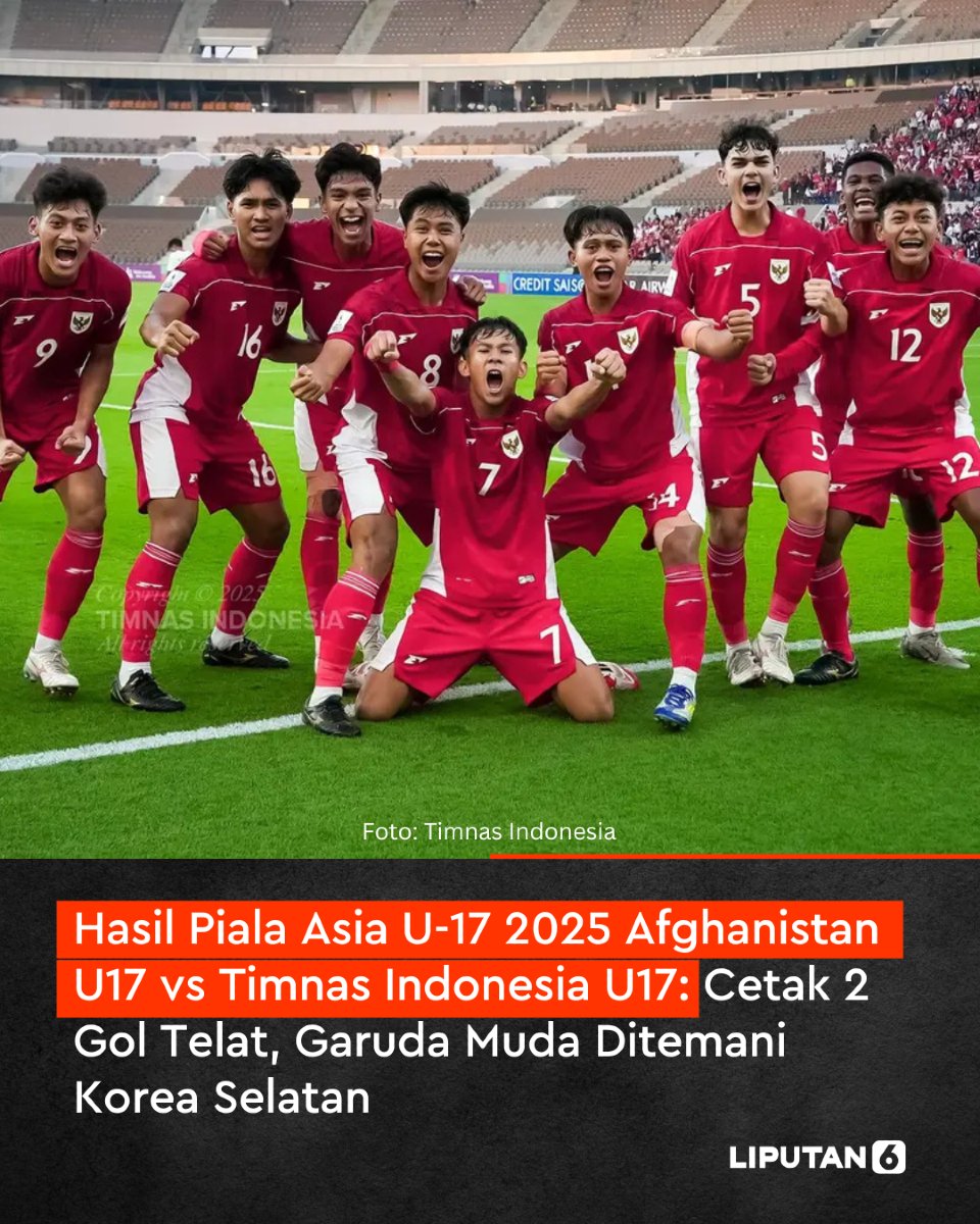 liputan6dotcom's tweet photo. Timnas Indonesia menaklukkan Afghanistan 2-0 berkat gol telat Alberto Fadly Hengga dan Zahaby Ghony pada pertandingan penutup Grup C Piala Asia U-17 2025 di Prince Abdullah Al-Faisal Stadium, Jumat (11/4/2025) dini hari WIB.
#kamigaruda #garudamuda #timnasindonesia #timnasindonesiaU17 #lip6alv