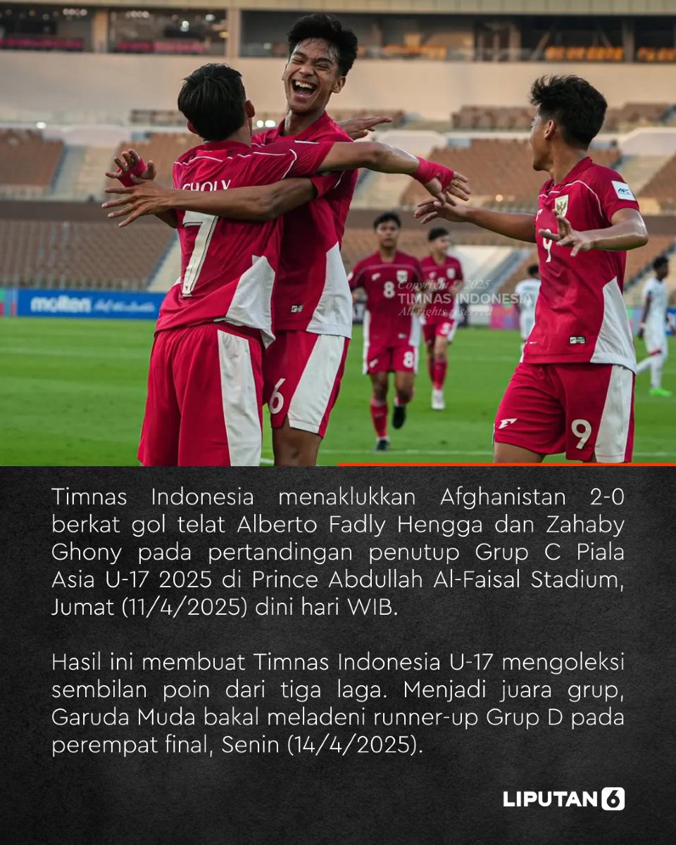 liputan6dotcom's tweet photo. Timnas Indonesia menaklukkan Afghanistan 2-0 berkat gol telat Alberto Fadly Hengga dan Zahaby Ghony pada pertandingan penutup Grup C Piala Asia U-17 2025 di Prince Abdullah Al-Faisal Stadium, Jumat (11/4/2025) dini hari WIB.
#kamigaruda #garudamuda #timnasindonesia #timnasindonesiaU17 #lip6alv
