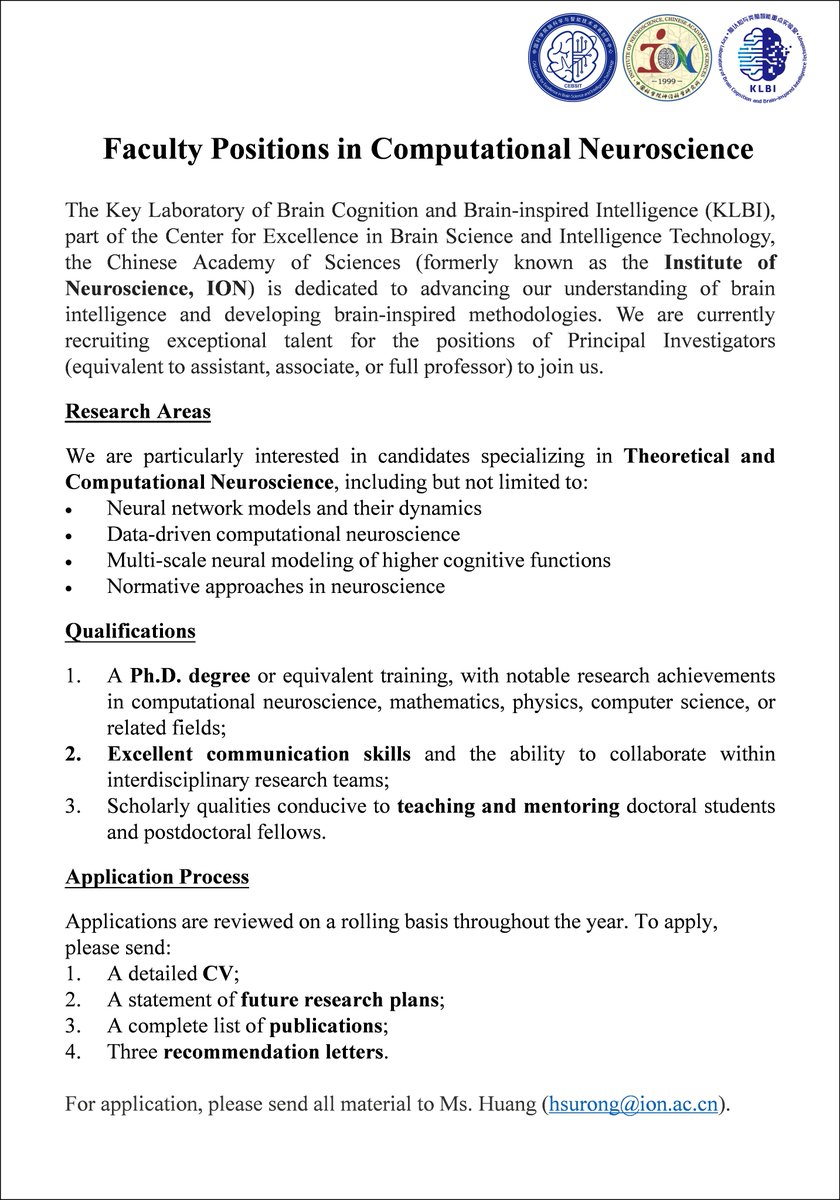 Faculty positions in computational neuroscience at the Institute of Neuroscience (ION), in Shanghai: