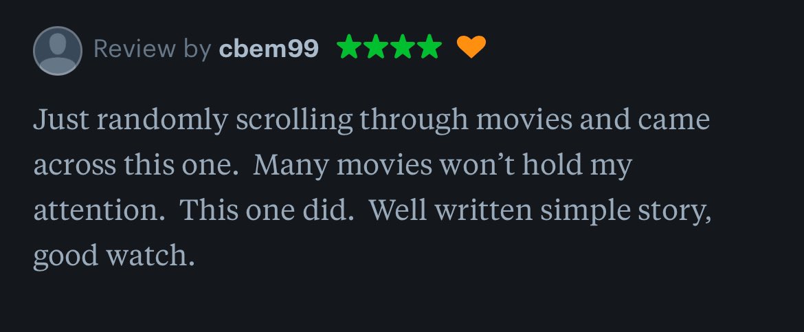 Our hope is that we have more reviews like this! People discovering this film especially now that it is free to stream on Peacock 🦚 
This shows that every view and share is soooooo helpful to the algorithms 🥹😅
#indiefilmforlife