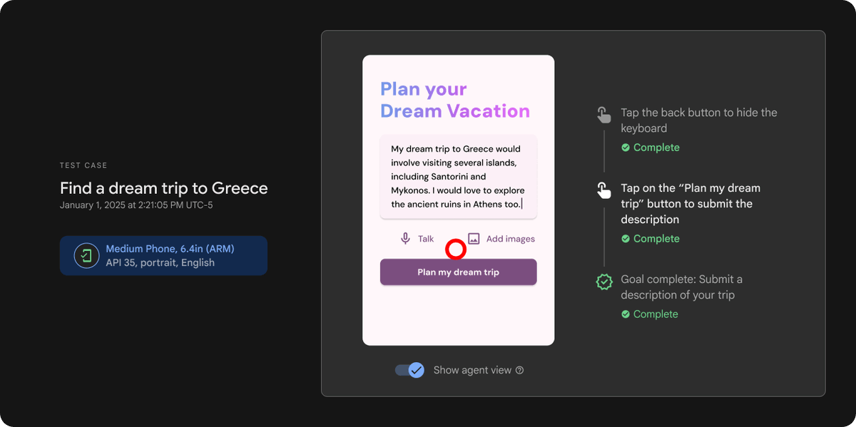 Firebase's tweet photo. Simulate real-world user interactions with the new App Testing agent in Firebase App Distribution 🤳

The App Testing agent navigates your UI, produces detailed pass/fail results, and explains its decisions. Try it with your Android app today in preview, and learn more here → https://t.co/5szBmsq7m8 

#GoogleCloudNext