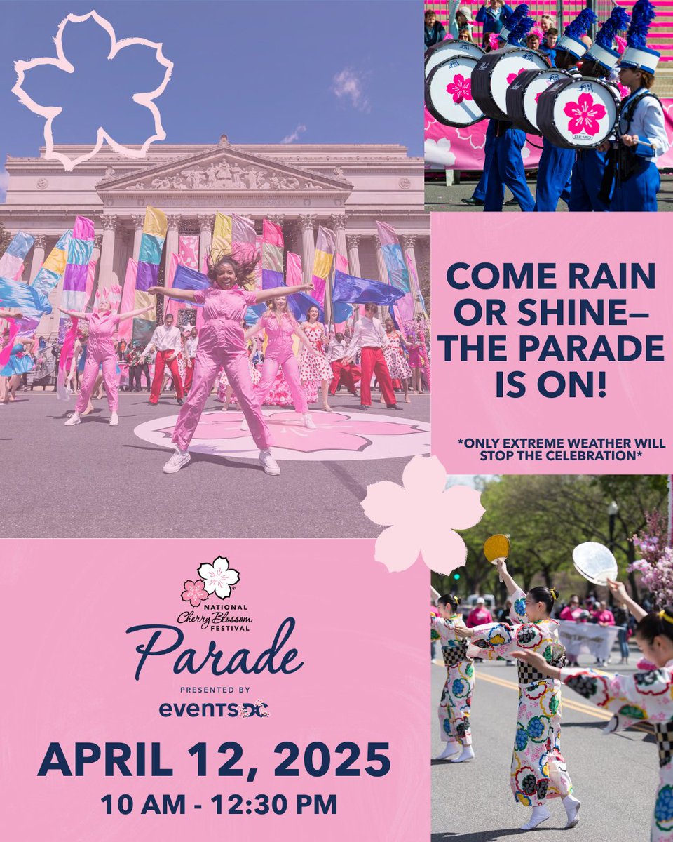 The National Cherry Blossom Festival Parade presented by <a href="/TheEventsDC/">Events DC</a> takes over Constitution Avenue on April 12! Get ready for massive helium balloons, high-energy performances, and foot stomping marching bands as we celebrate spring in spectacular fashion. 

Rain or Shine!