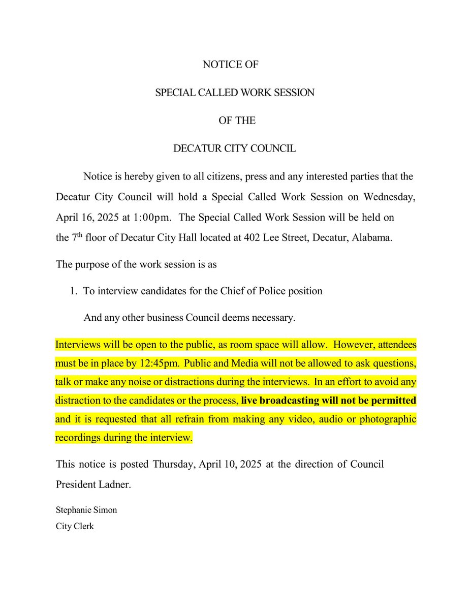 CityofDecaturAL's tweet image. 🚨 Special Called Council Work Session: Wed, April 16 at 1 PM for Police Chief interviews.

📍7th floor, Decatur City Hall (402 Lee St)
⏰ Please arrive by 12:45 PM to avoid disruptions.

#DecaturAL #CityOfDecatur