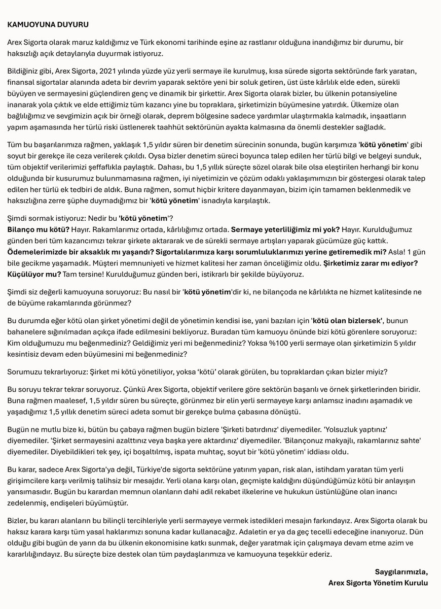 adnansuphanoglu's tweet photo. Kamuoyuna duyurulur.
#ArexSigorta https://t.co/uJHqtMuX5X