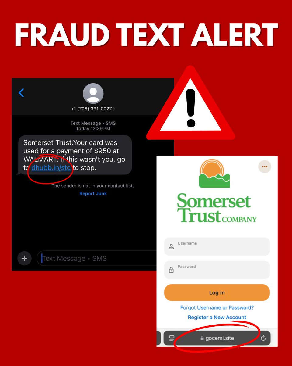 Somersettrust's tweet photo. FRAUD TEXT ALERT: We understand people are receiving text messages that falsely appear to be sent from Somerset Trust, prompting them to click on a link to a fraudulent website. If you receive a message like this, please do not click on the link. https://t.co/x0MUeDMmEJ
