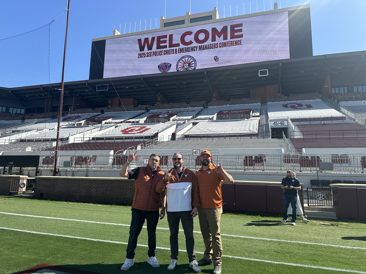 UTAustinPolice's tweet photo. Chief Streepy, Captain Johanson and Senior Director Trabon just wrapped up collaborating with our SEC Partners at the SEC Police Chiefs and Emergency Managers Conference. Thank you to the OU Police Department for welcoming a few Longhorns to Norman. Hook 'Emπ€#oupd #SEC #HookEm https://t.co/btgmwCDnBa