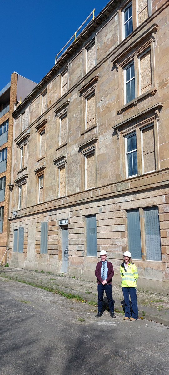 JohnMasonG33's tweet photo. Good to meet with @LarHousingTrust  at site of Inn on the Green today. New floors/ceilings installed, building stable, new build to come. Mid-market rent flats. Awaiting funding and planning permission. Still just a shell but good progress has been made. https://t.co/O07MwrePLF