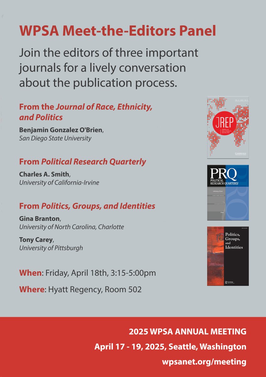 CUP_PoliSci's tweet image. Next week at the Western Political Science Association (WPSA) 2025 Annual Meeting -

Editors from @JournalREP, @PRQjournal, and @PGI_WPSA will be available for a conversation about the publication process. 

cup.org/4cL3bpv