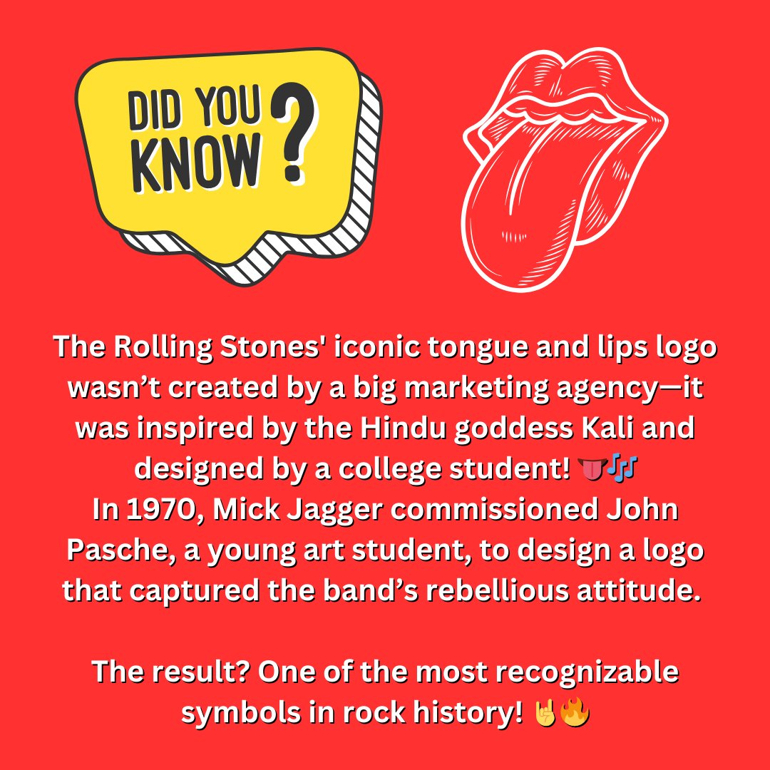 Eagle1063radio's tweet photo. Did You Know? 🎸🔥

The Rolling Stones' iconic tongue and lips logo wasn’t created by a big marketing agency—it was inspired by the Hindu goddess Kali and designed by a college student! 👅🎶

 #iHeartRadio https://t.co/TPwPQrcLHp