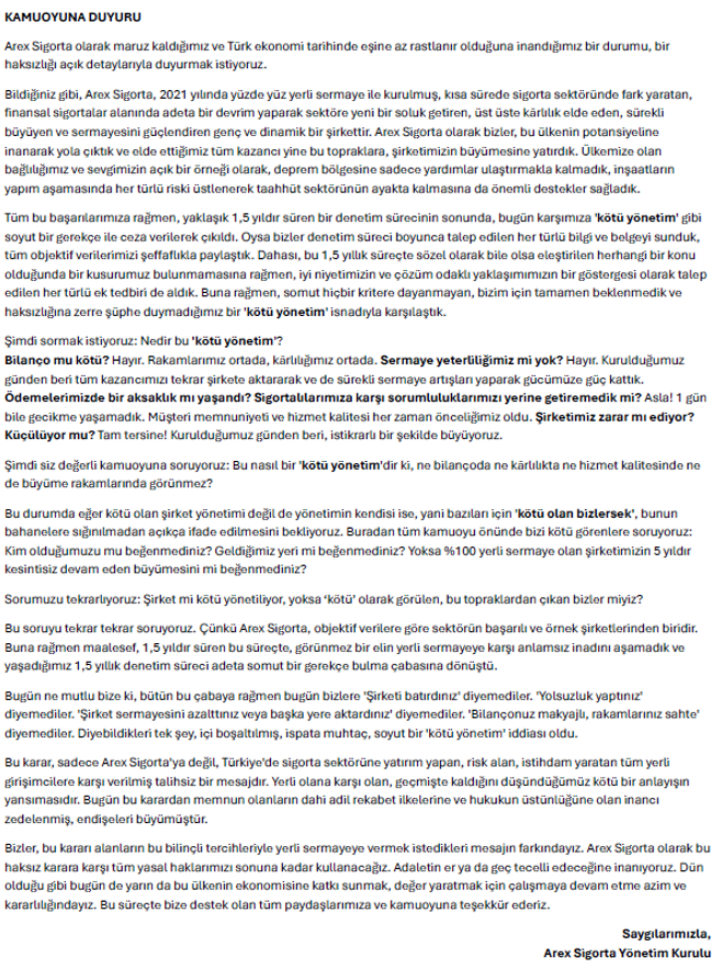 KAMUOYUNA DUYURU !!!                                                                      #ArexSigorta