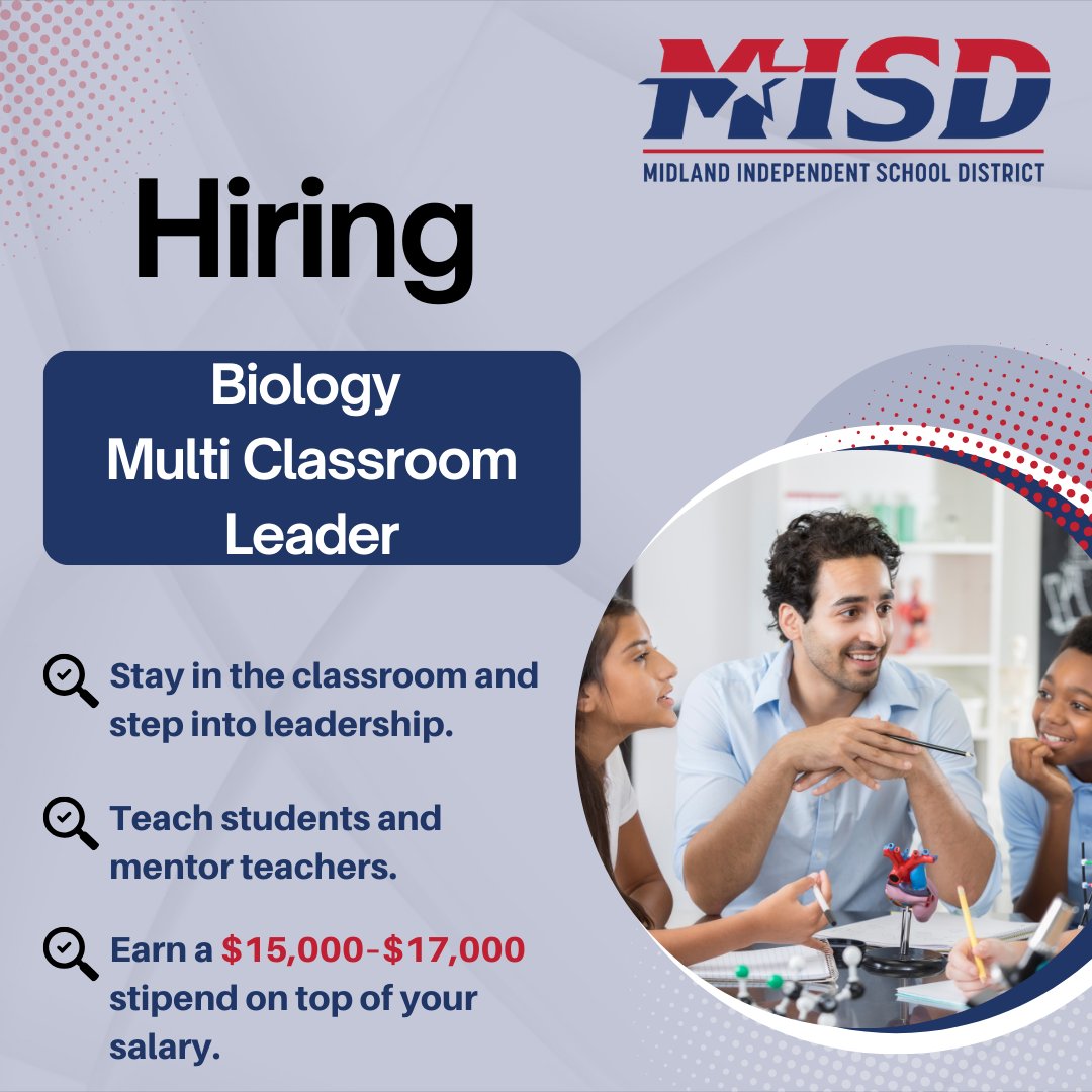 Midland_ISD's tweet photo. ๐ฌ Biology MCLs needed!
Lead instruction, coach teachers, and keep teaching.
๐ฐ $15Kโ$17K stipend + ๐งชTIA = $100K+ potential
๐งฌJoin 51 teachers already earning BIG!
Apply now โ https://t.co/XSRNvymvrl
#STEMLeader #OpportunityCulture #TIA https://t.co/DgLfTBb7Uw