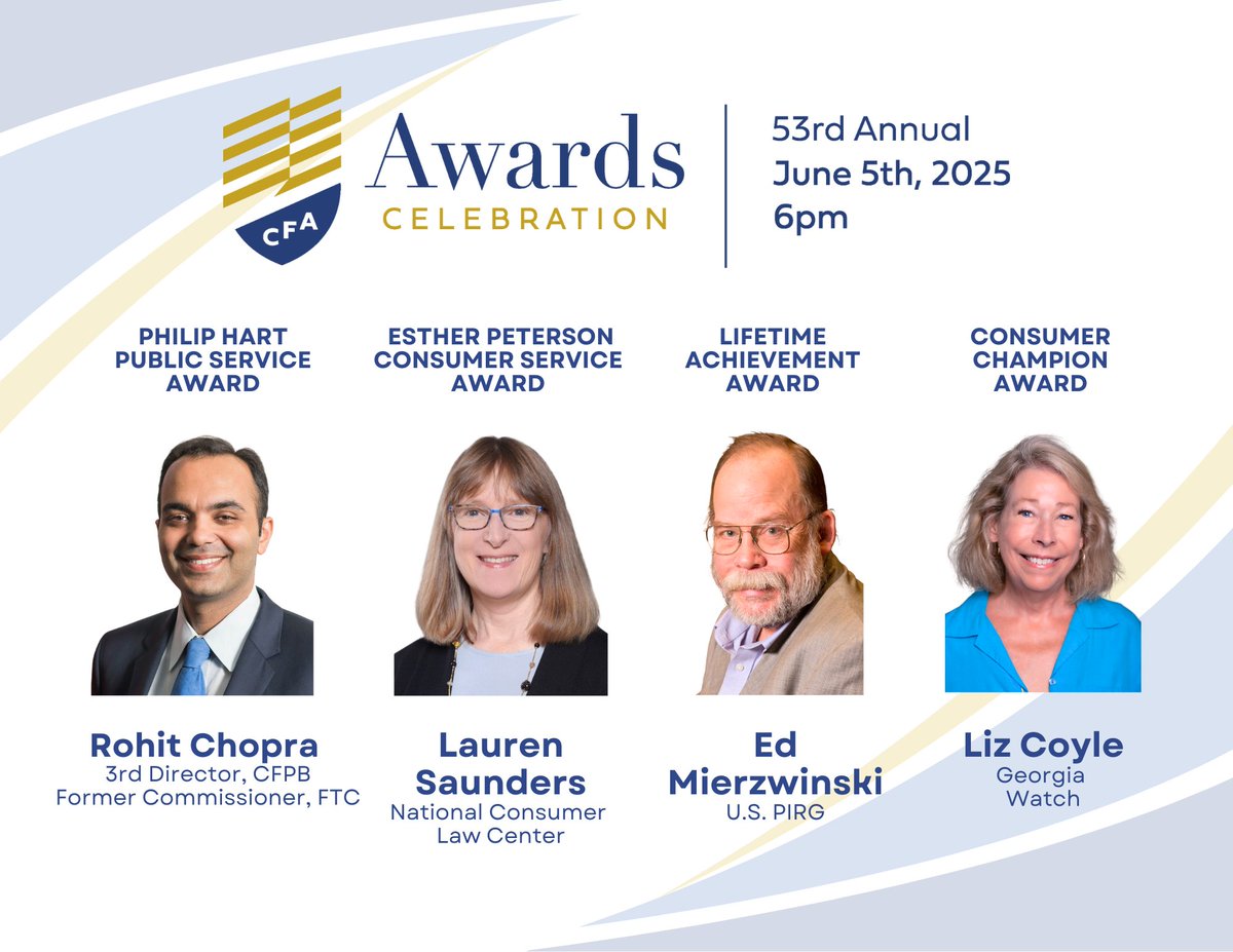 ConsumerFed's tweet photo. CFA is pleased to announce our 53rd Annual Awards Celebration Awardees!

@ChopraUSA, @NCLC4consumers' Lauren Saunders, @edmpirg, &amp; @georgiawatch's Liz Coyle

Purchase your tickets for our 53rd Annual Awards Celebration today! ↩️

https://t.co/sNMhyeTfqT https://t.co/op2HbYCwM3