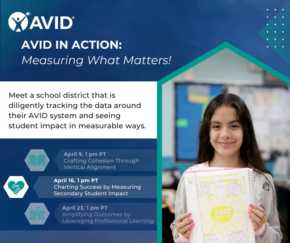 🚀 Ready to chart your success? Join us on April 16 for our next #AVIDWebinar. Learn how data tracking can lead to measurable student impact. Set your reminders for 1:00 pm PT and register here: bit.ly/42yKqBP

#AVIDWebinarSeries #DataDrivenSuccess #StudentSuccess