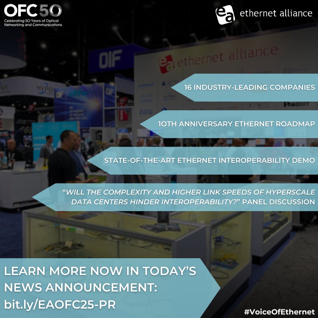 EthernetAllianc's tweet photo. In case you missed us at #OFC2025, check out our press release for details of the #Ethernet interop demo, 10th Anniversary edition of our #EthernetRoadmap, and expert panel on #hyperscale #datacenter challenges. Full details at: https://t.co/U979awCyUY #VoiceOfEthernet https://t.co/iLn51I88oo