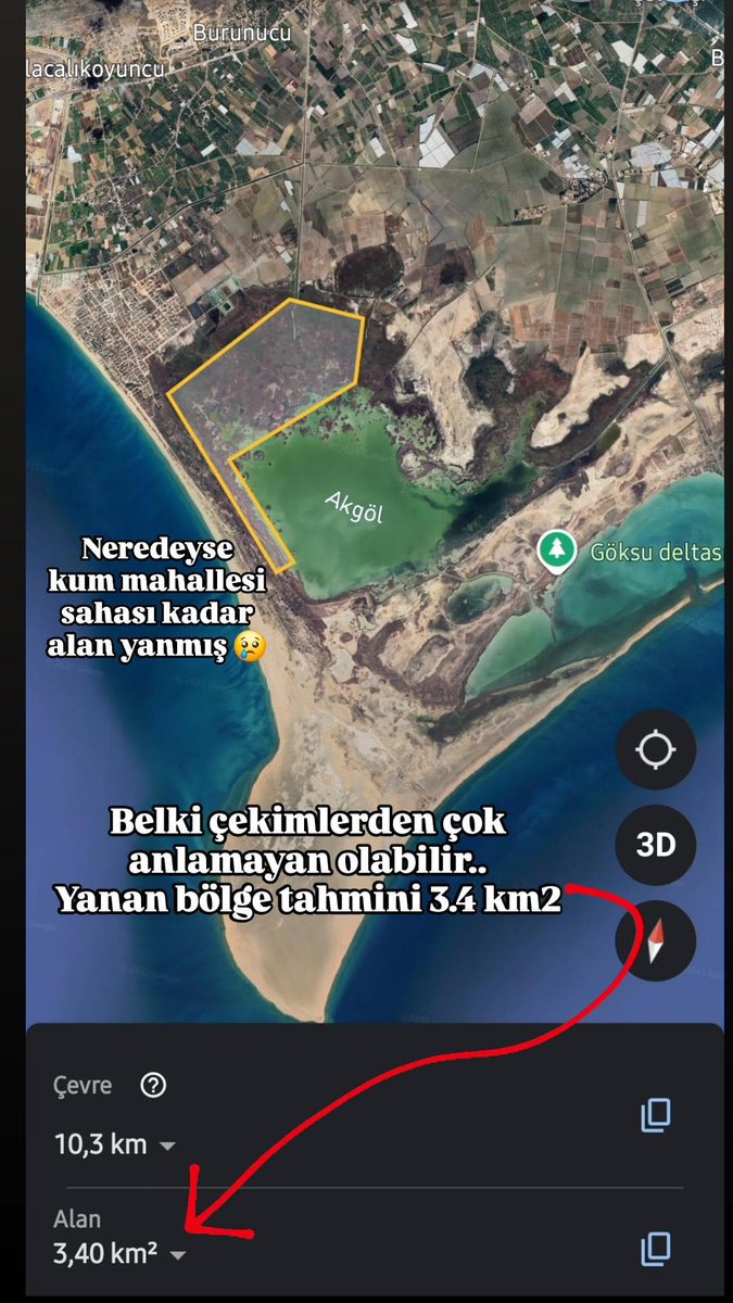 Göksu Deltası'nda yakılan alanın büyüklüğü... Akgöl'ün neredeyse BÜTÜN SAZLIKLARI YANMIŞ. 34 km²!! Burası kuşların en çok yuva yaptığı yerdi. YUVALARINI KURMUŞLARDI, birçoğu kur şarkılarını söylüyordu. Göçmen kuşların da dinlenip, saklandığı alandı. SUÇLULAR YAKALANSIN! Bu