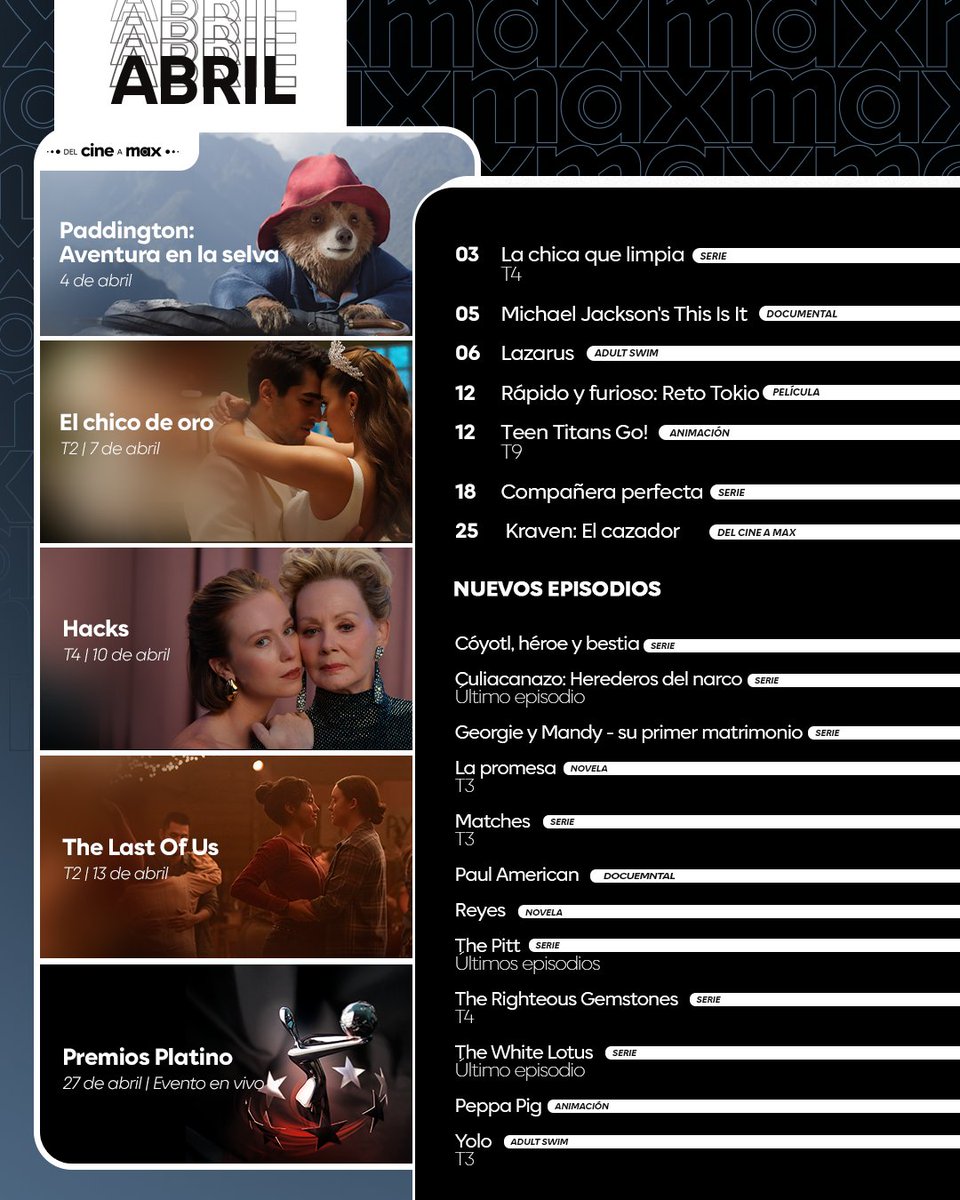 InfoStreamingAR's tweet photo. ESTRENOS EN ABRIL 2025 

#Netflix - @NetflixLAT
#Max - @StreamMaxLA
#DisneyPlus  - @disneyplusla
#PrimeVideo - @PrimeVideoLat
#ParamountPlus - @paramountplusar https://t.co/TSfAuGcmRt