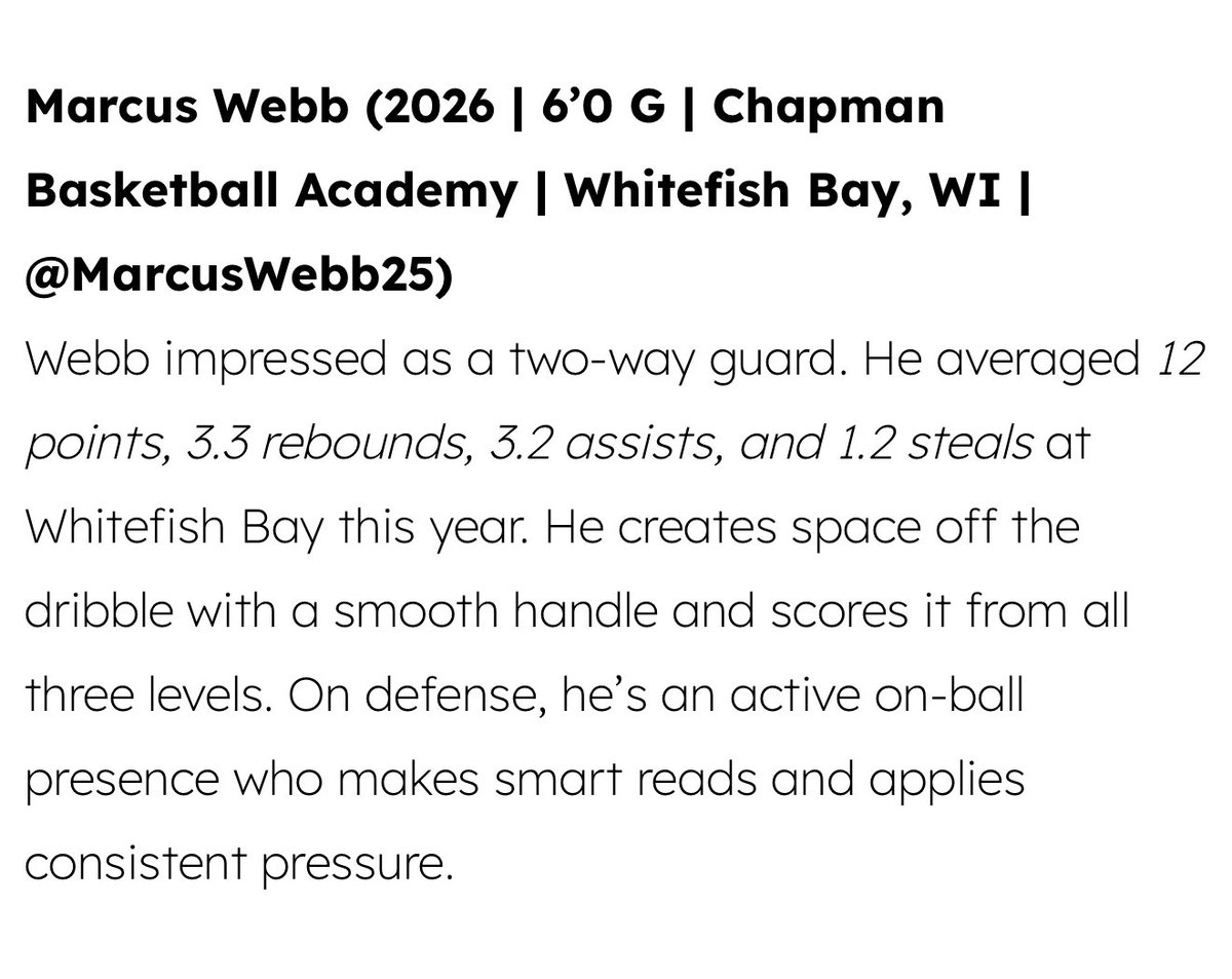 ChapmanBasketballMBB2026 (@cba_2026) on Twitter photo <a href="/MarcusWebb25/">Marcus Webb</a> had a great start with <a href="/academy_chapman/">ChapmanBasketballAcademy</a> !
Dynamic guard who’s only getting better! <a href="/MarcusWebb25/">Marcus Webb</a> had a great start with <a href="/academy_chapman/">ChapmanBasketballAcademy</a> !
Dynamic guard who’s only getting better!