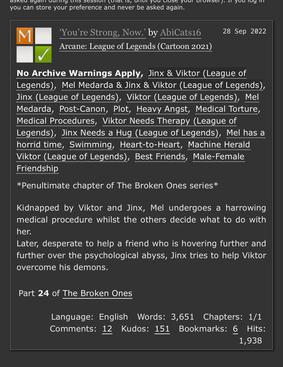 eifavoritedango's tweet image. TW

hi guys. while i don’t like to spread negativity, smth really sickening has been brought up to my attention and it needs to be talked about

the writer of the “we’ll paint the wolf in gold” has other pieces where Mel is being experimented on and offed by Viktor and Jinx

1/11