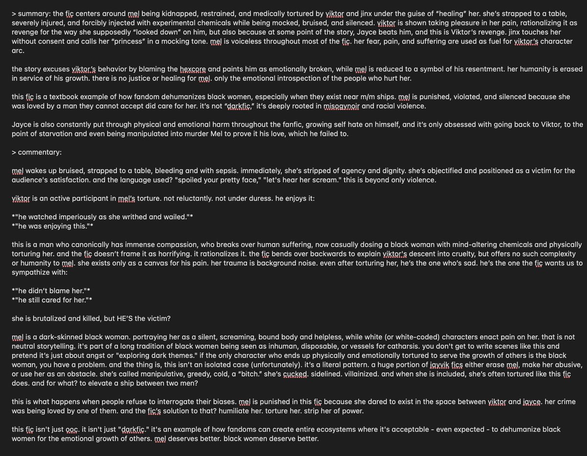 eifavoritedango's tweet image. TW

hi guys. while i don’t like to spread negativity, smth really sickening has been brought up to my attention and it needs to be talked about

the writer of the “we’ll paint the wolf in gold” has other pieces where Mel is being experimented on and offed by Viktor and Jinx

1/11