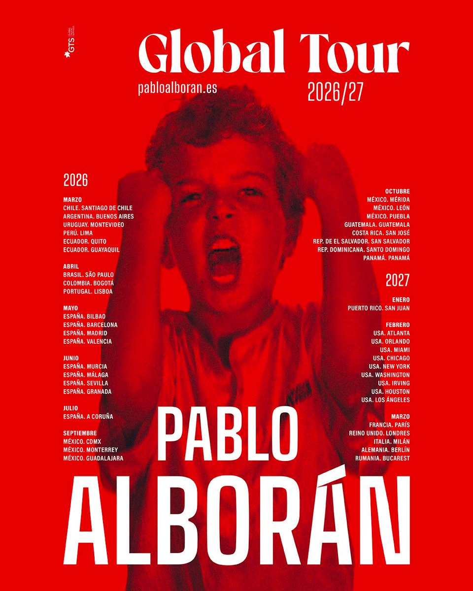 AlboranTeam's tweet photo. #Info @pabloalboran presenta las primeras ciudades que formarán parte de su gira, #AlboránGlobalTour, con la que recorrerá más de 20 países entre 2026 y 2027.

Próximamente + info de fechas, recintos y entradas. Regístrate para estar al día de novedades 👉🏻https://t.co/4GOY3WzdRZ. https://t.co/PNVS38wV2r
