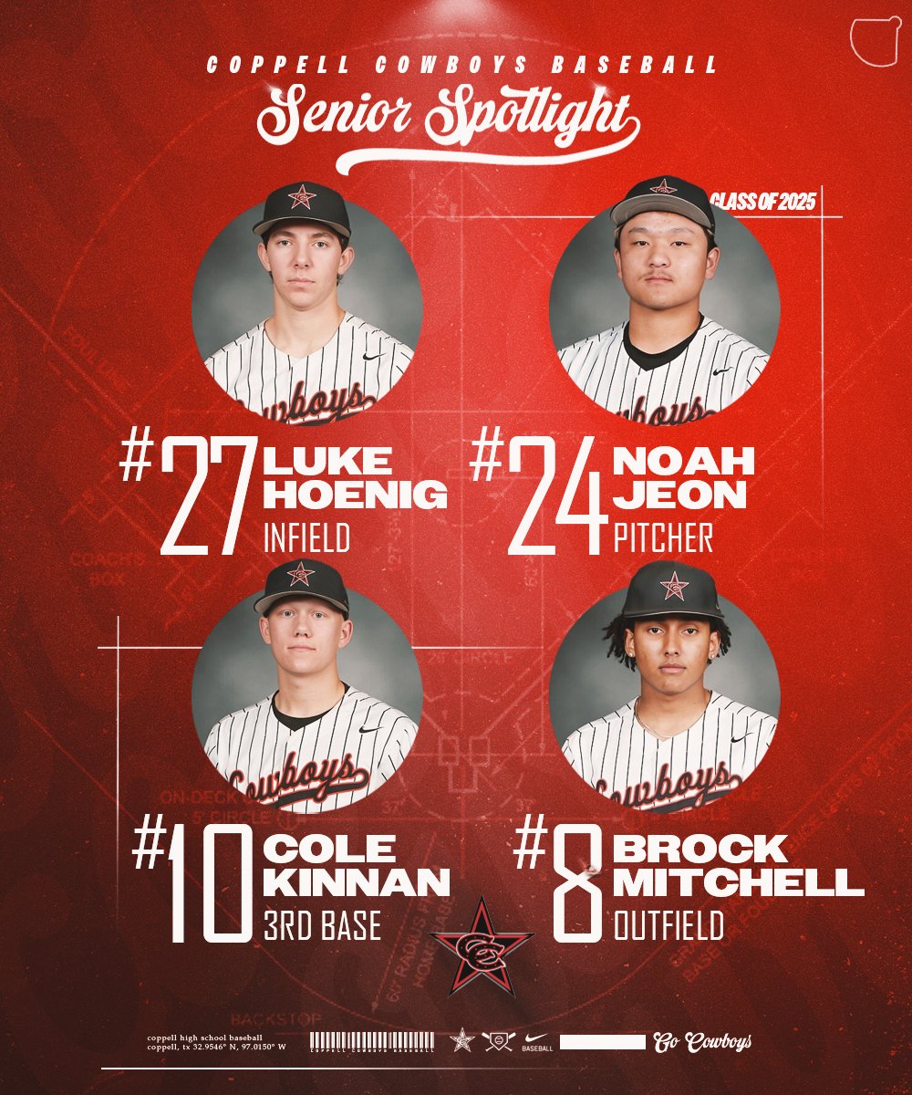 Coppell Cowboys Baseball (@chs_cowboysbb) on Twitter photo **Senior Spotlight**
In this week’s Senior Spotlight, <a href="/CHS_CowboysBB/">Coppell Cowboys Baseball</a> is recognizing infielders Cole Kinnan and Luke Hoenig, pitcher Noah Jeon and outfielder Brock Mitchell.
We would like to recognize the hard work that these Seniors have put in on the field and in the classroom **Senior Spotlight**
In this week’s Senior Spotlight, <a href="/CHS_CowboysBB/">Coppell Cowboys Baseball</a> is recognizing infielders Cole Kinnan and Luke Hoenig, pitcher Noah Jeon and outfielder Brock Mitchell.
We would like to recognize the hard work that these Seniors have put in on the field and in the classroom
