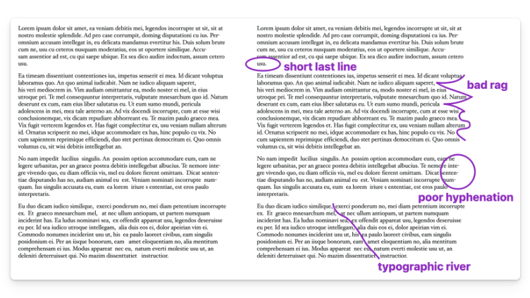 rdiachenko's tweet photo. Nice read on web typography https://t.co/GBcCtjy15o. Especially relevant if you have a blog or write online.

I had never really thought about these typography issues, but fixing them can noticeably improve readability:

1. Short last lines. Sometimes the last line of a paragraph ends up with just one word. This creates extra space between paragraphs, making it look inconsistent with the rest of the spacing.

2. Too many hyphens in a row. When several lines in a paragraph end with a hyphen, it adds some cognitive load. The paragraph becomes harder to read smoothly.

3. Bad rag. When the ends of lines vary too much in length, they create a zig-zag pattern or a ragged edge. It makes the text less visually balanced and harder to follow.

4. Typographic rivers. Uneven spacing between words can accidentally form vertical paths of whitespace across a paragraph. These “rivers” pull your eyes in the wrong direction and break reading flow.