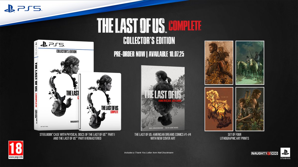 PlayStationUK's tweet photo. Two stories, one collection. Introducing The Last of Us Complete - available on PS5 today.

AND The Last of Us Complete Collector's Edition - coming July 10 and available for pre-order now: https://t.co/iKVGw87rYN https://t.co/Wp7uXaJD9H