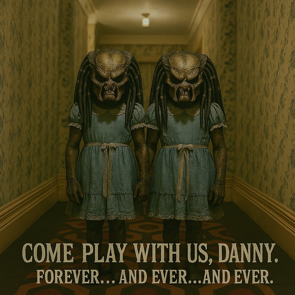 Come play with us... forever... and ever... and ever. 👧👧😱

The Shining, but make it Predator.

#HorrorMashup #Predator  #TheShining #twins  #ComePlayWithUs #SciFiHorror #MovieParody #CreepyTwins #AlienTwins #HorrorArt #AIart