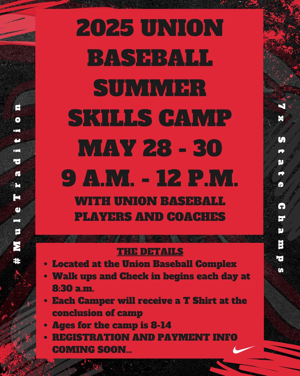MARK YOUR CALENDARS 🗓️

Union Baseball players and coaches are hosting a summer camp Wednesday, Thursday, Friday May 28th - 30th 9 a.m. - 12 p.m.

See flyer for details. Registration and payment information coming soon!