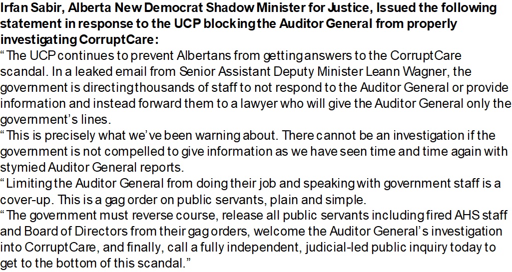 Alberta NDP claims a leaked email from Alberta Health shows that the government is impeding the AG's health care scanda report.

The email tells employees to redirect the AG to lawyers should they be contacted by the AG.