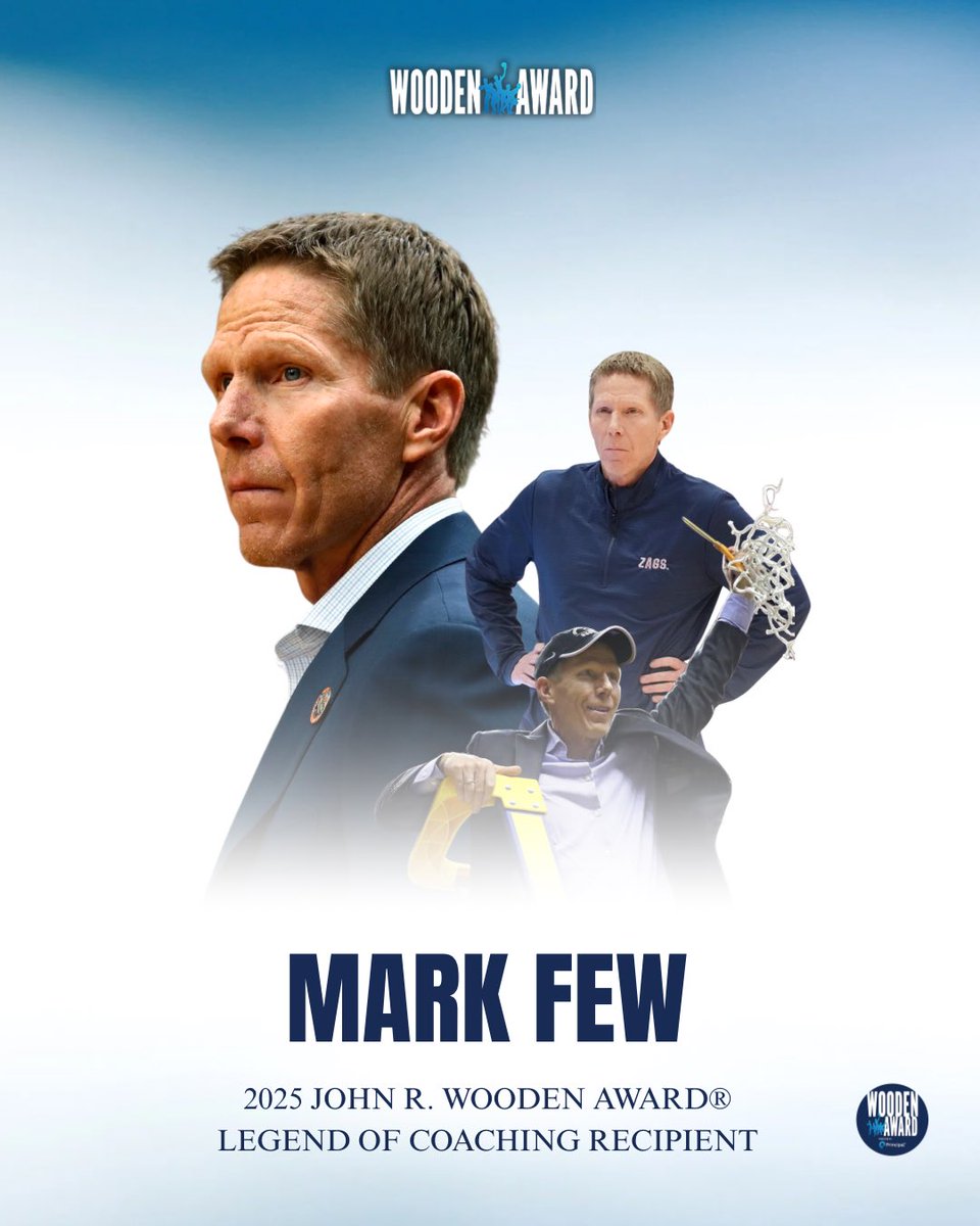 John R. Wooden Award (@woodenaward) on Twitter photo We are thrilled to honor Coach Mark Few of <a href="/ZagMBB/">Gonzaga Basketball</a> as the 2025 John R. Wooden Award Legends of Coaching Award, presented by @Principal
“John R. Wooden Awards Show presented by Principal” will be streaming on ESPN+ Friday, April 11th at 8pm EDT / 5pm PDT. We are thrilled to honor Coach Mark Few of <a href="/ZagMBB/">Gonzaga Basketball</a> as the 2025 John R. Wooden Award Legends of Coaching Award, presented by @Principal
“John R. Wooden Awards Show presented by Principal” will be streaming on ESPN+ Friday, April 11th at 8pm EDT / 5pm PDT.