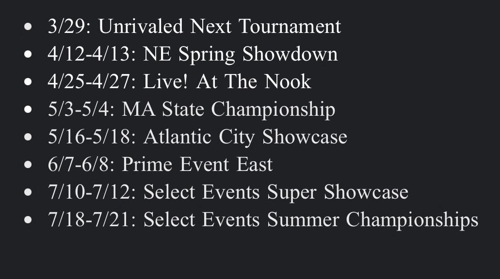 Here’s my spring 2025 AAU schedule