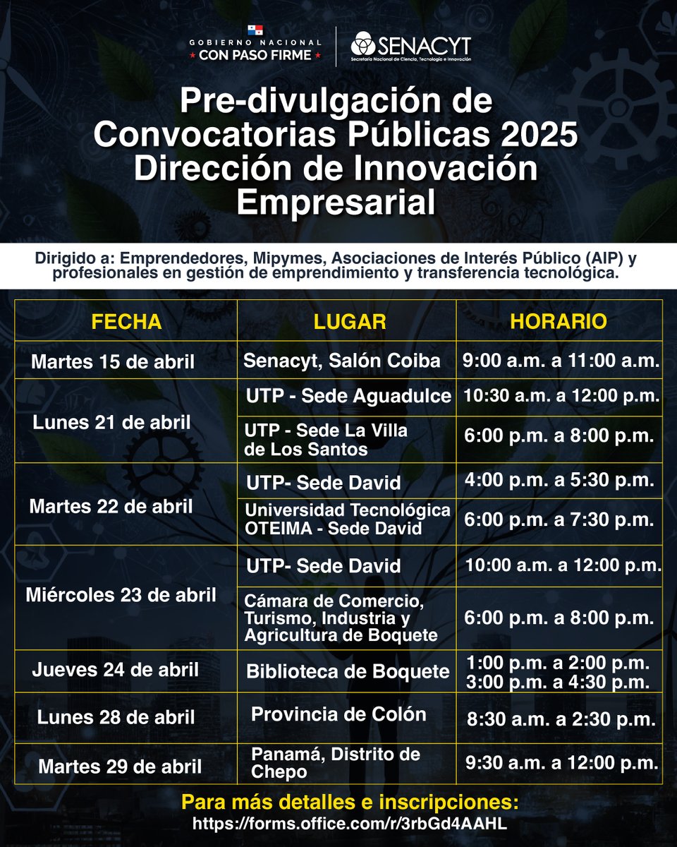 📢Nos complace compartir con ustedes el calendario de Pre-divulgación de las Convocatorias Públicas 2025 de la Dirección de Innovación Empresarial.

✅Verifica las fechas y lugares en el afiche 

👉 Inscríbete aquí:
forms.office.com/r/3rbGd4AAHL

¡Te esperamos! 💡