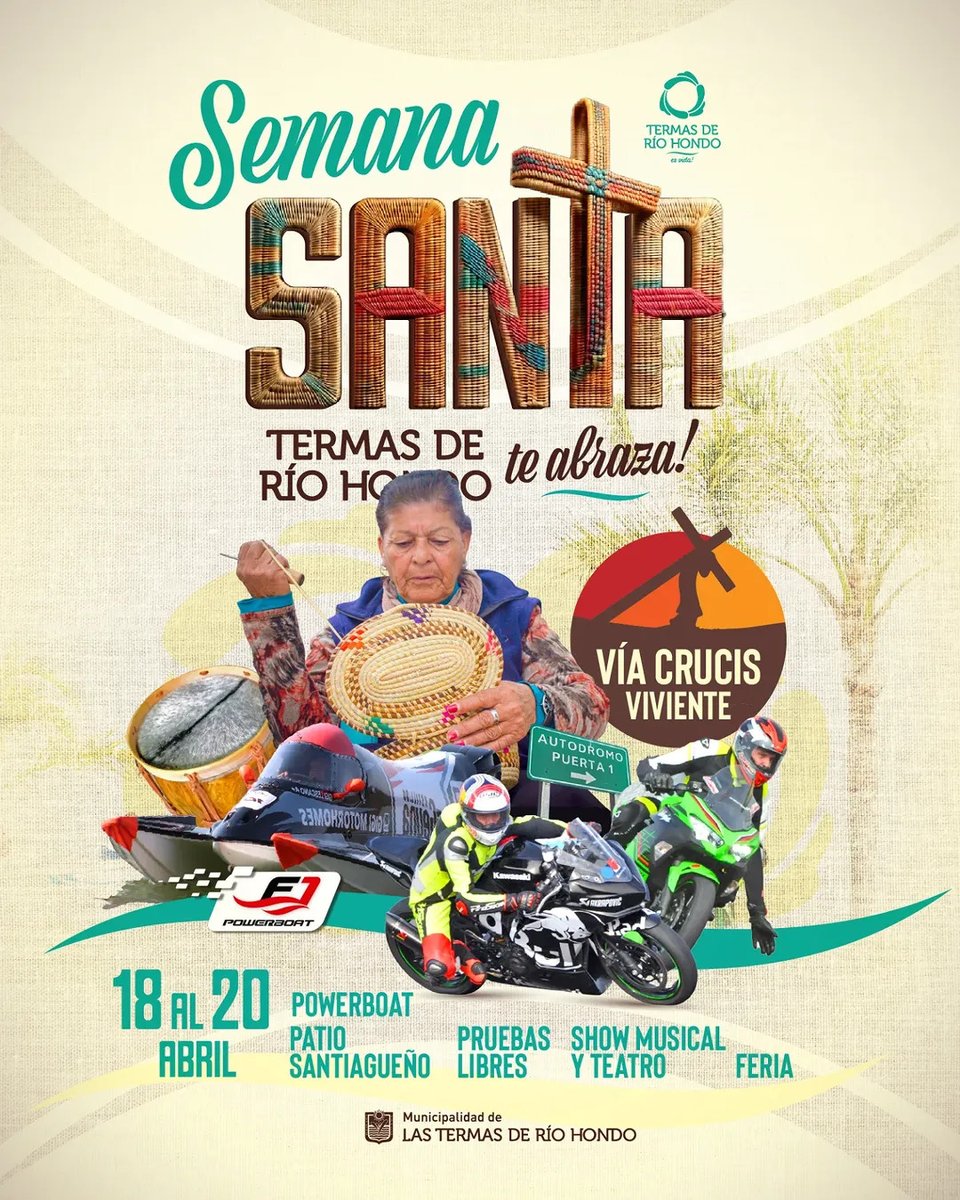 Turismo_SDE's tweet image. #Turismo | Viví una Semana Santa inolvidable en Termas de Río Hondo. Del 18 al 20 de abril, la ciudad se convierte en el epicentro de grandes eventos:
#Powerboat #PatioSantiagueño #moto Shows #musicales y obras #teatrales #VíaCrucis #Feriadeemprendedores #Turismo #SemanaSanta