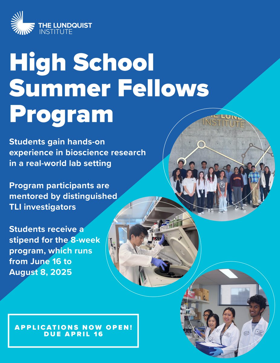 Applications for The Lundquist Institute High School Summer Fellows Program are due next Wednesday, April 16!🔬🧬🥼

From June 16-August 8, students will hone their scientific curiosity alongside distinguished TLI investigators as they cultivate a deeper understanding of