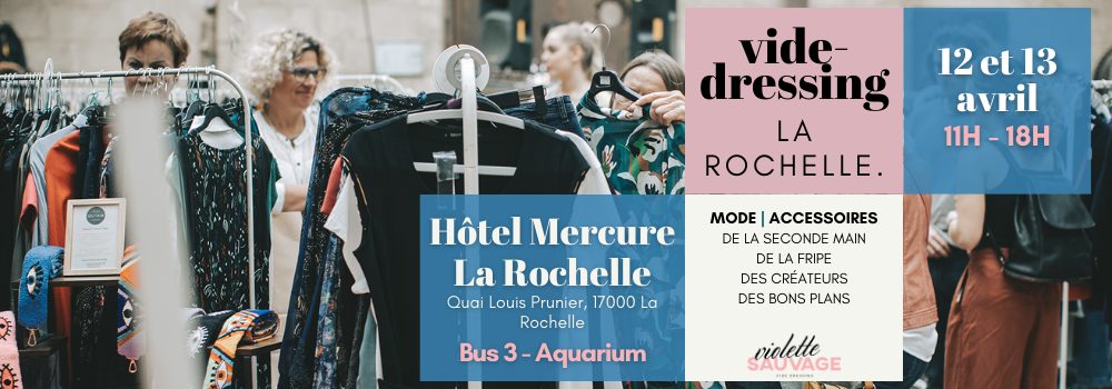 Violette Sauvage pour la première fois à La Rochelle ! Une nouvelle ville, un lieu d’exception et toujours la même passion pour la seconde main ! Rendez-vous les 12 et 13 avril 2025 pour un vide-dressing géant à l’hôtel Mercure, avec plus de 400m² dédiés au shopping responsable