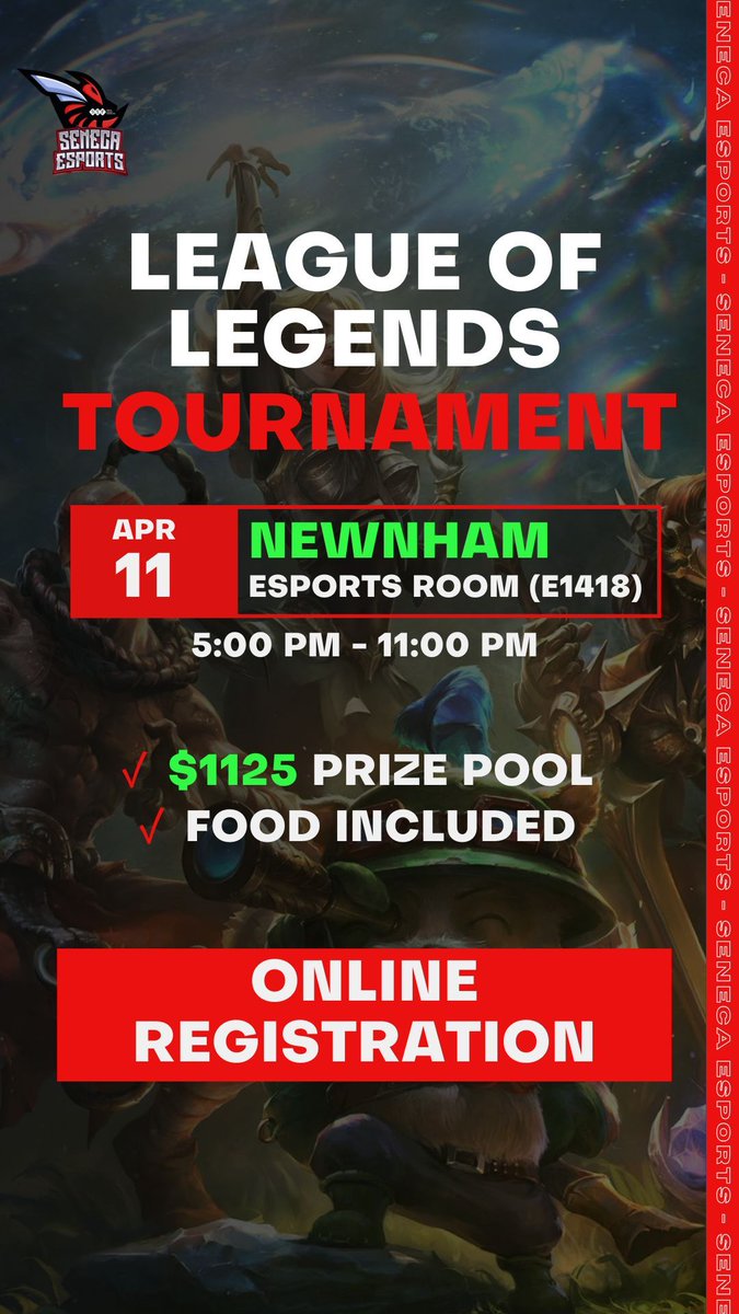 Join us for our League of Legends Tournament Friday April 11th with a $1125 prize pool!