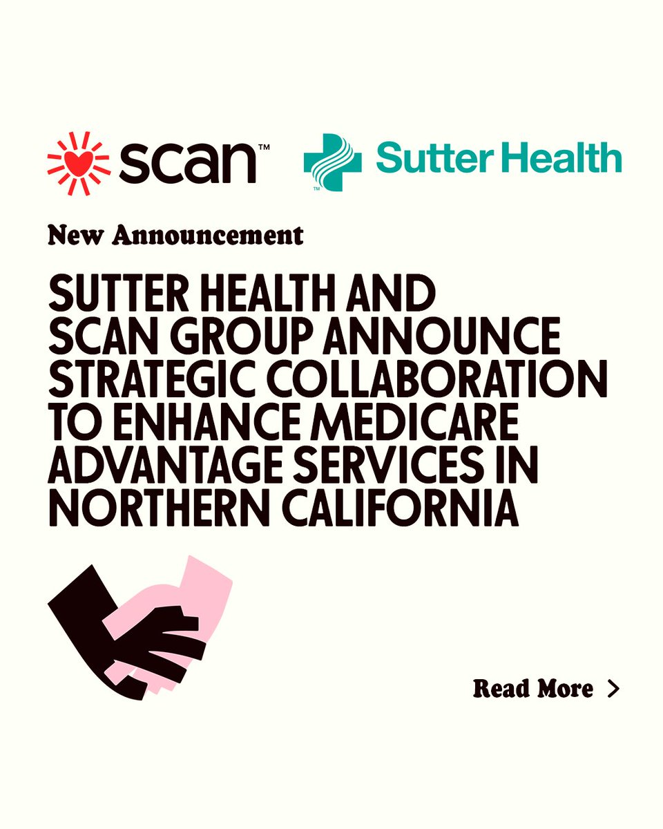 SCAN (@scanhealthplan) on Twitter photo SCAN and <a href="/SutterHealth/">Sutter Health</a> collaborate to enhance Medicare Advantage (MA) services in Northern California! The new, long-term strategic collaboration will introduce new MA products in Northern California in 2026 and plans to create a new joint venture MA health plan in the near SCAN and <a href="/SutterHealth/">Sutter Health</a> collaborate to enhance Medicare Advantage (MA) services in Northern California! The new, long-term strategic collaboration will introduce new MA products in Northern California in 2026 and plans to create a new joint venture MA health plan in the near