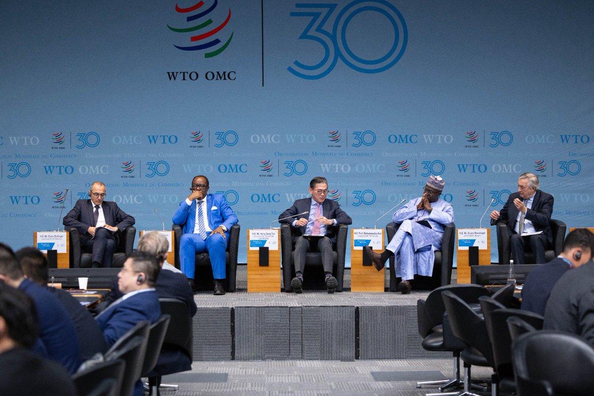NOIweala's tweet photo. 2/3 Whilst reflections dwelt on the value of the system, what has gone right, what has not gone well and what needs to be reformed, the majority of members including large groups such as the African, Caribbean and Pacific Group, took time out to reaffirm their support for the system in an effort led by a coalition of 41 countries, known as Friends of the System, and co-chaired by Singapore and Switzerland. All acknowledged the need for a higher and stronger effort to reform the system to make it fit for purpose not only for present day realities but for the future of trade. Now we need to figure out the details and get it done. With H.E. Amb Hung Seng Tan of Singapore, H.E Amb @BollingerErwin  of Switzerland, H.E Amb @AMoerzinger of Uruguay, H.E Amb @SalomonEheth of Cameroon and H.E Prof @mkah of the Gambia.