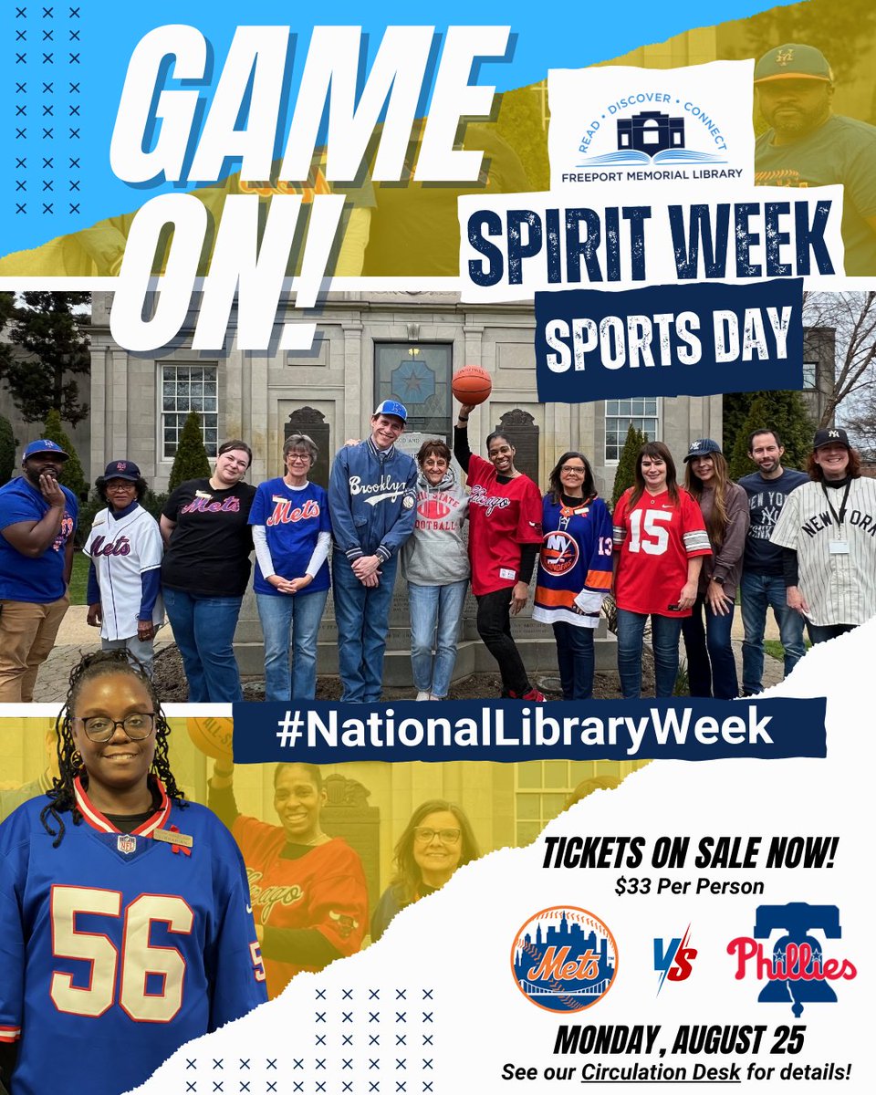 ASKFML's tweet photo. Spirit Week continues with Sports Day! Our staff at the Freeport Memorial Library love supporting their favorite teams! Which team are you rooting for? #NationalLibraryWeek #LibrariesTransform https://t.co/BHuWvzagnj