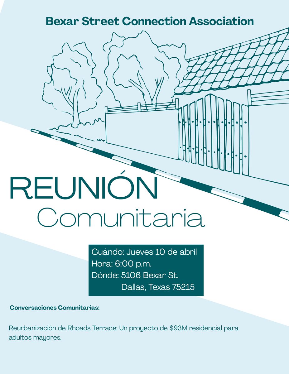 Solo una nota rápida para recordarles sobre nuestra reunión comunitaria que se llevará a cabo esta noche.
📅 Fecha: 10 de abril
🕒 Hora: 6:00 PM
📍 Ubicación: 5106 Bexar St. Dallas, TX 75215
Discutiremos el Proyecto de Reurbanización "Rhoads Terrace", entre otros temas.