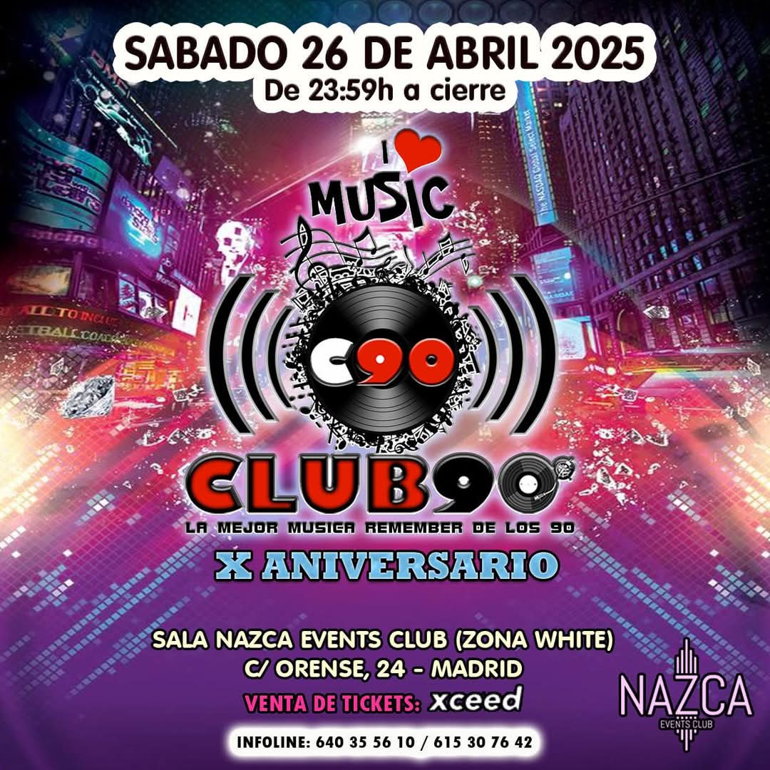 Club90Madrid's tweet photo. Cumplimos 10 años gracias a vosotros y queremos celebrarlo por todo lo alto, primeras entradas promo ya a la venta a través de xceed...Próximamente +info.

https://t.co/OOyQ4JtTpk

 #club90 #aniversario #salanazca #remember #90s https://t.co/3EtsUJYouj