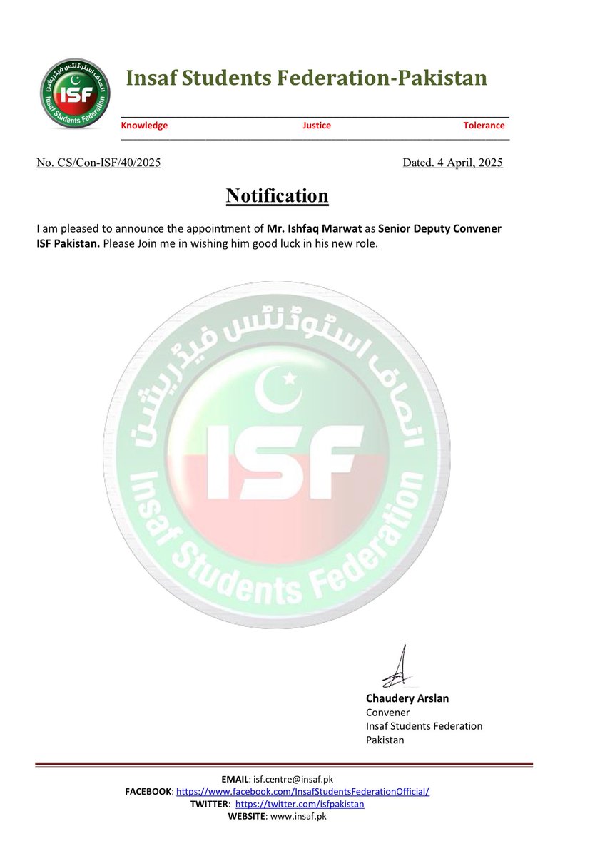 ISFPakistan's tweet photo. We are pleased to announce the appointment of Ishfaq Marwat, former ISF KPK Convener, as Senior Deputy Convener of ISF Pakistan. Join us in wishing him good luck in his new role. https://t.co/gBIo0hHRvn